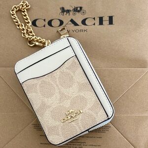Coach Cream and White Card Holder with Gold Chain
